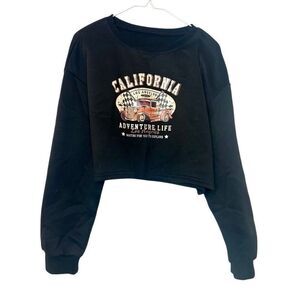 Shein California Adventure Life Cropped Pullover Graphic Sweatshirt Black Medium